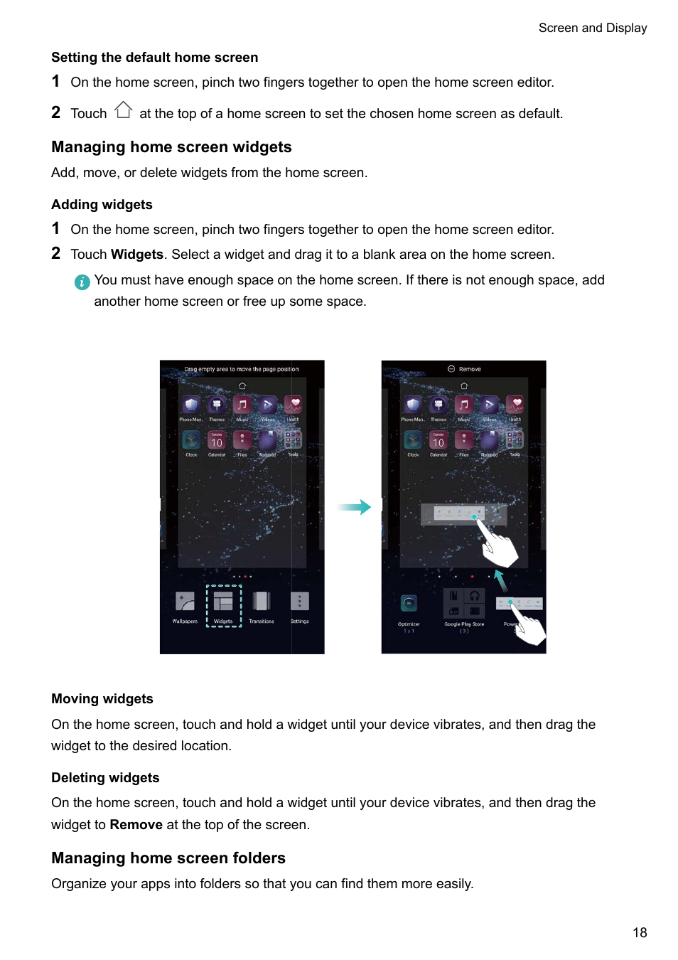 Setting the default home screen, Managing home screen widgets, Adding  widgets | Huawei P10 User Manual | Page 24 / 158
