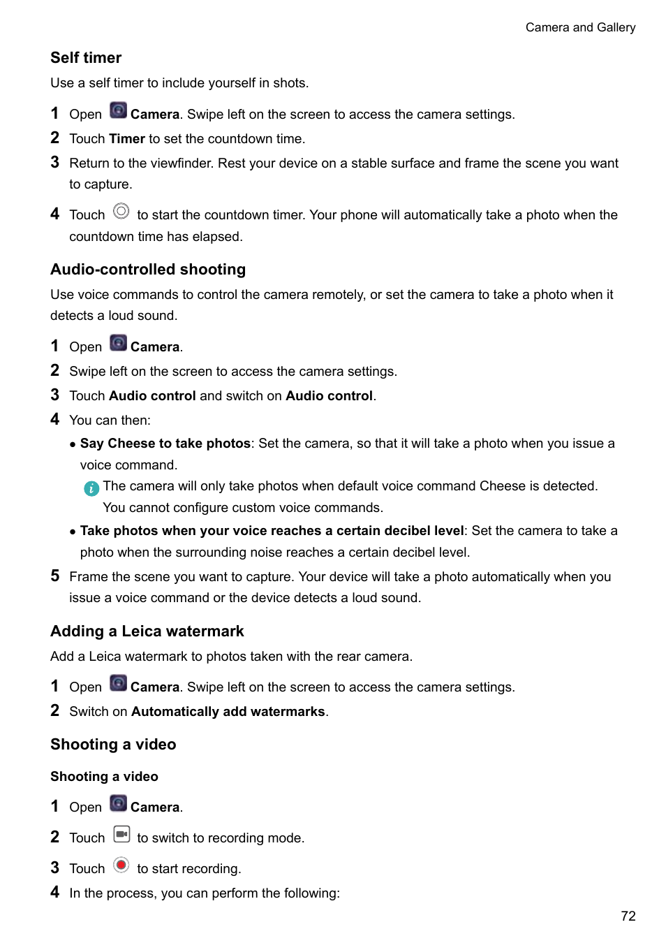 Self timer, Audio-controlled shooting, Adding a leica watermark | Huawei P10  User Manual | Page 78 / 158