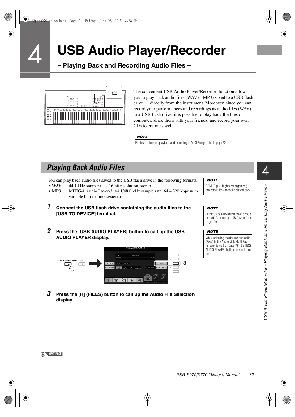 Playing back audio files, Usb audio player/recorder, Playing back and  recording audio files | Yamaha PSR-S770 User Manual | Page 71 / 118