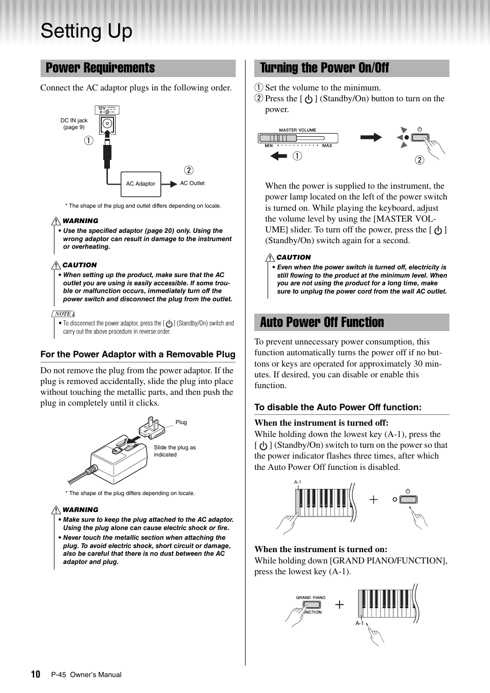 Setting up, Power requirements, Turning the power on/off | Yamaha P-45 User  Manual | Page 10 / 24