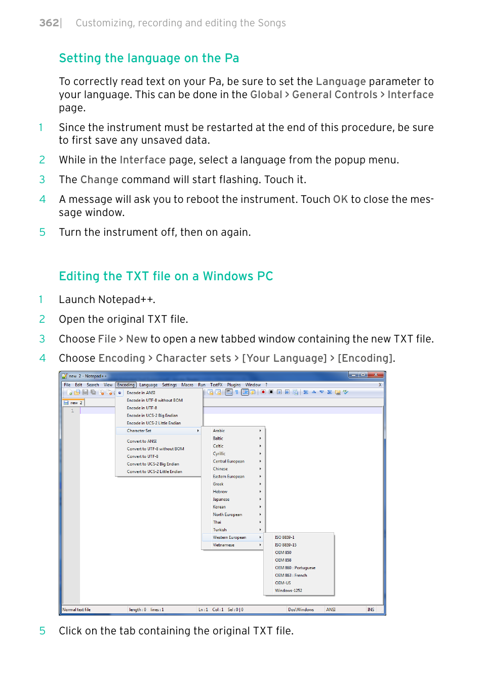 Setting the language on the pa, Editing the txt file on a windows pc | KORG  PA4X 76 User Manual | Page 366 / 1074 | Original mode
