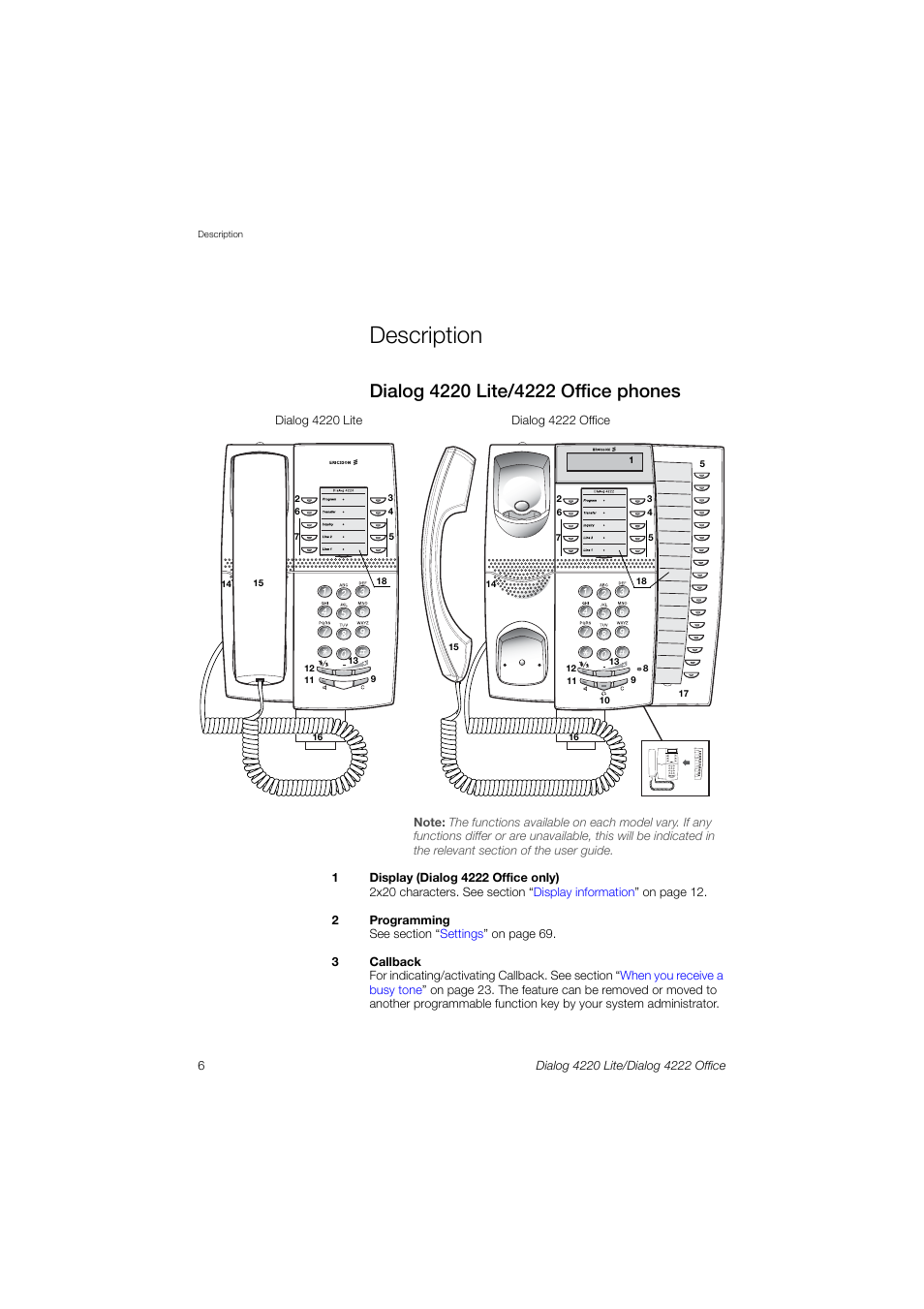 Description, Dialog 4220 lite/4222 office phones | Ericsson DIALOG 4220  User Manual | Page 6 / 102 | Original mode