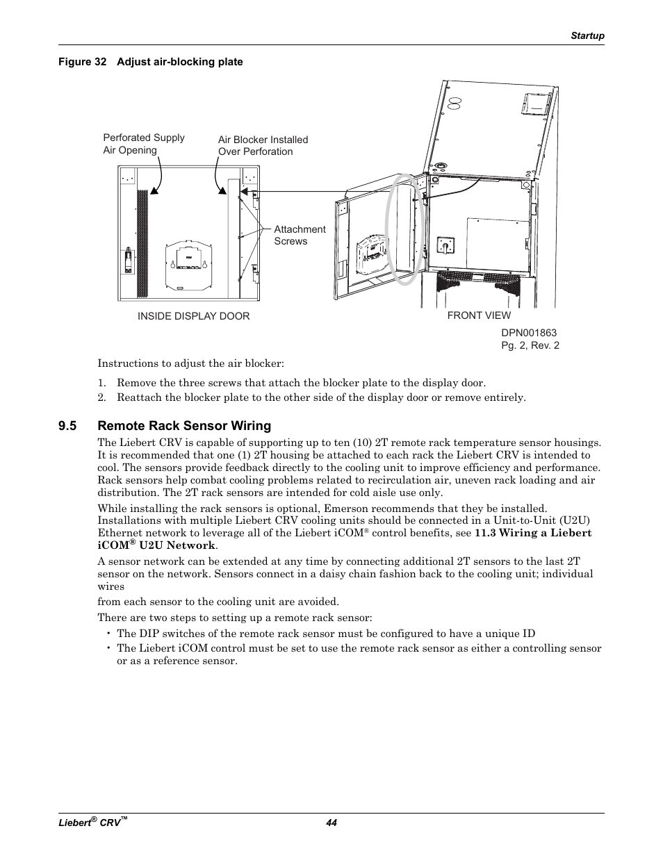 Figure 32 adjust air-blocking plate, 5 remote rack sensor wiring, Remote  rack sensor wiring | Emerson Liebert CRV 1 2 3 4 5 6 7 8 9 10 11 12 13 14  15 16 17 18 19 20 21 22 23 24 25 C R 0 2 0 R A 1 C 7 S D 1 8 1 1 E L 1 0 P  A User Manual | Page 52 / 140 ...