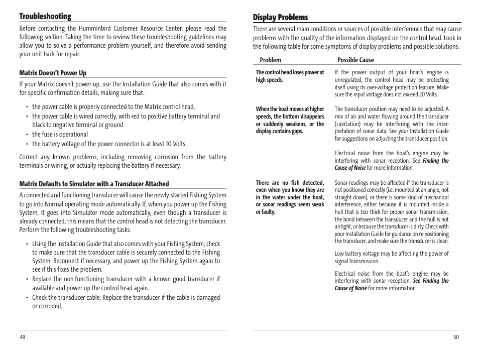 Display problems, Troubleshooting | Humminbird Matrix 17 User Manual | Page  28 / 31 | Original mode