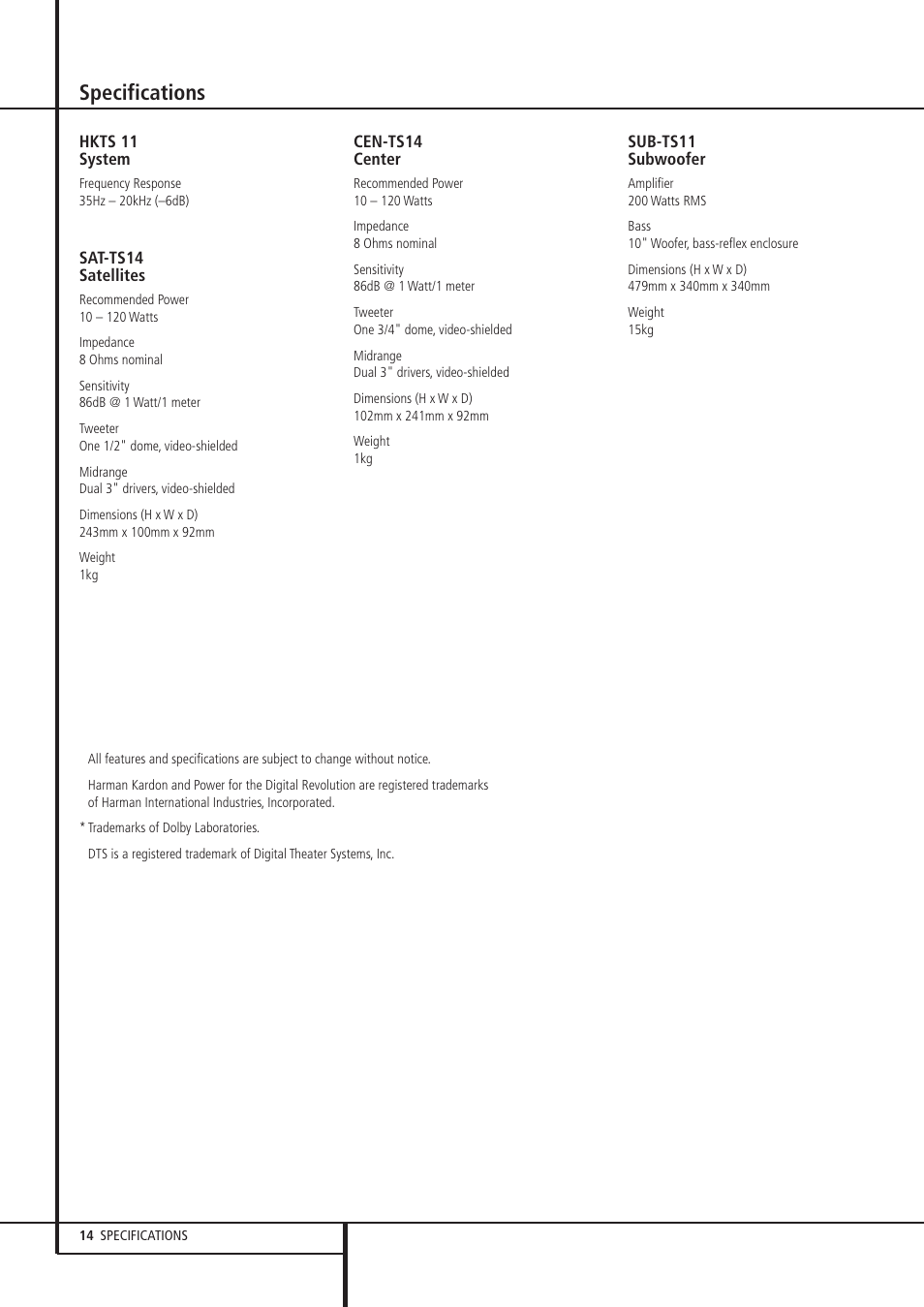 Specifications | Harman-Kardon HKTS 11 User Manual | Page 14 / 15