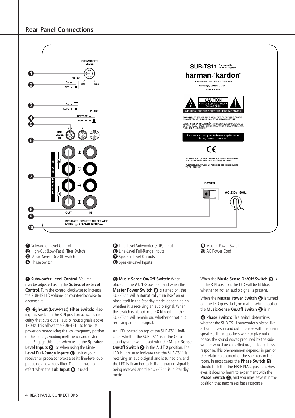 Rear panel connections, Sub-ts11 | Harman-Kardon HKTS 11 User Manual | Page  4 / 15 | Original mode