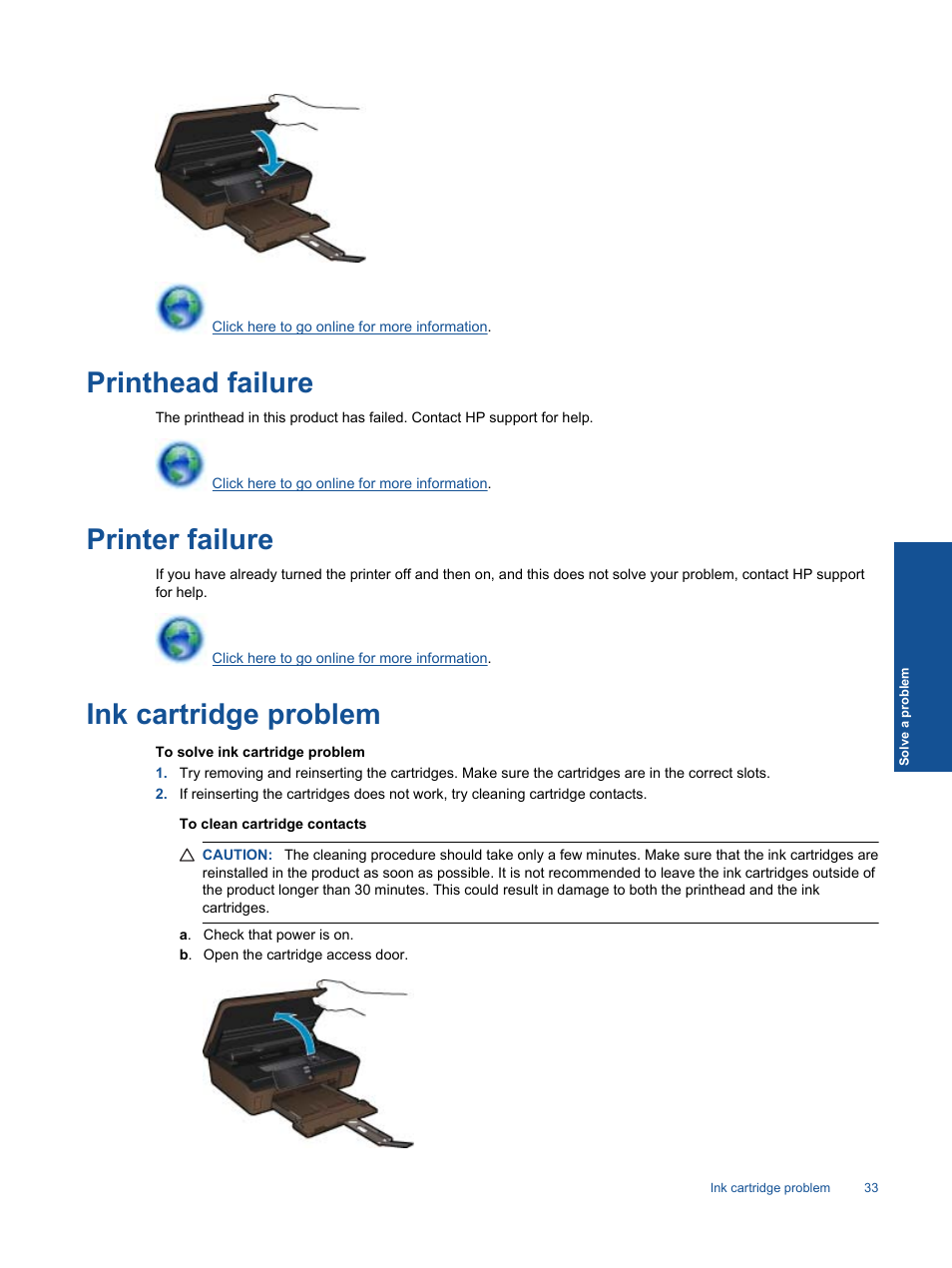 Printhead failure, Printer failure, Ink cartridge problem | HP 5510 User  Manual | Page 35 / 52