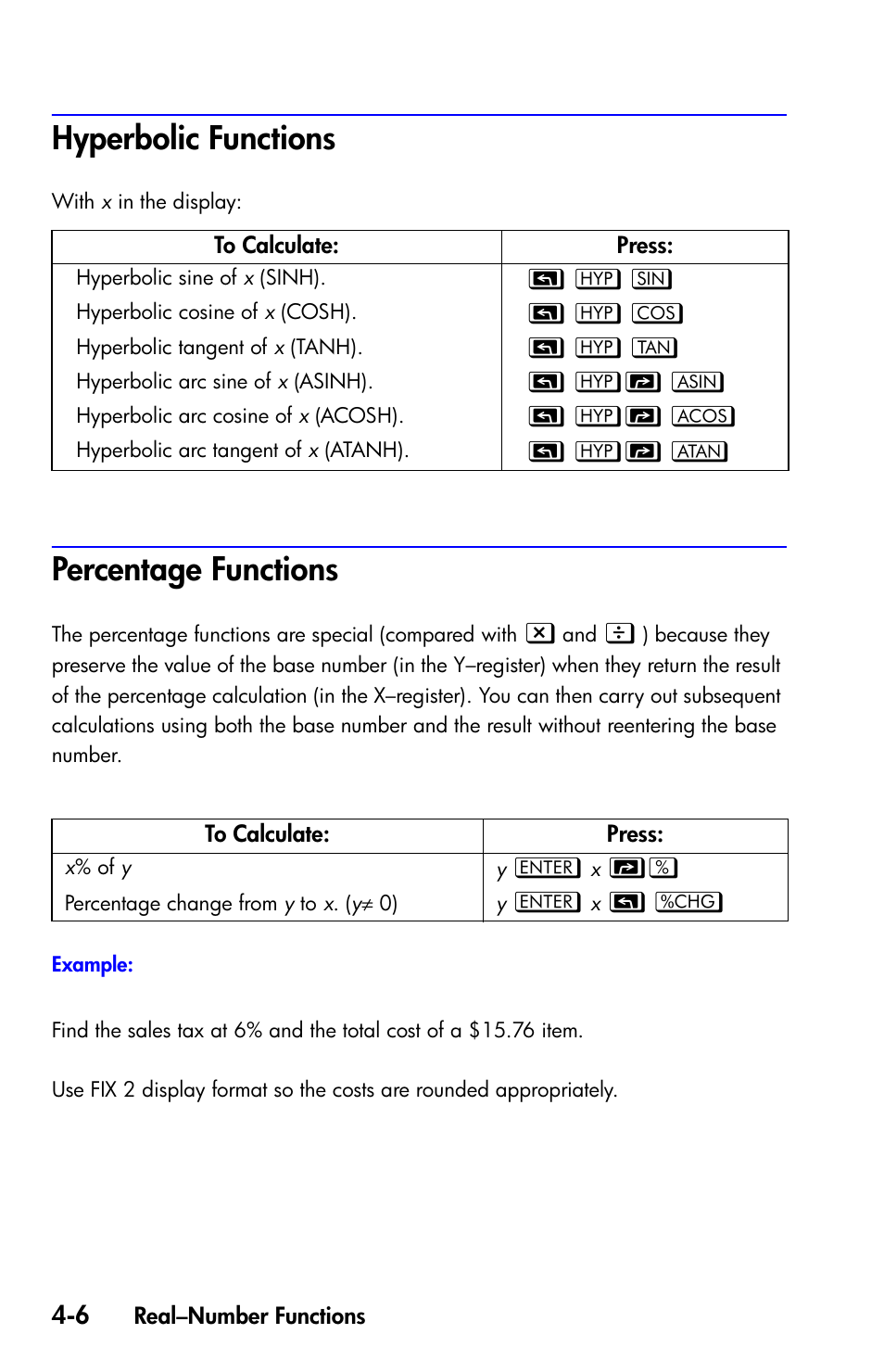 Hyperbolic functions, Percentage functions | HP 35s Scientific Calculator  User Manual | Page 80 / 382 | Original mode