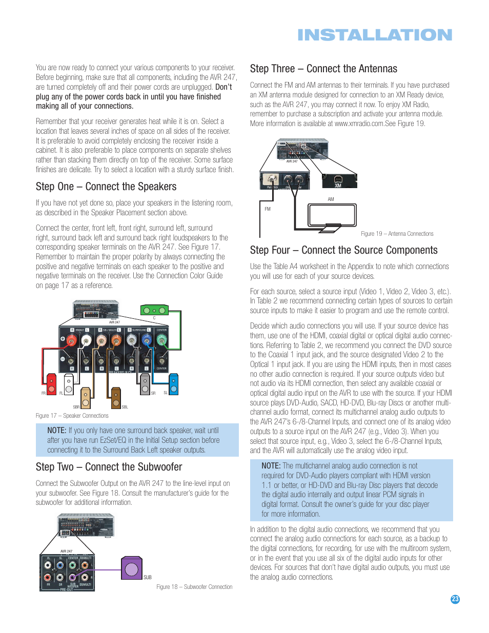 Installation, Step one – connect the speakers, Step two – connect the  subwoofer | Harman-Kardon AVR 247 User Manual | Page 23 / 76 | Original mode