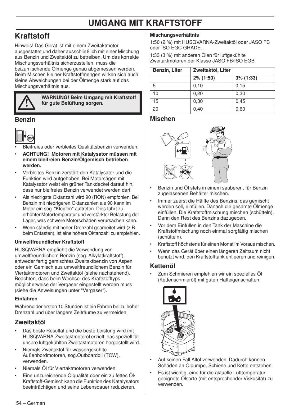 Umgang mit kraftstoff, Kraftstoff, Benzin | Husqvarna T425 User Manual |  Page 54 / 340