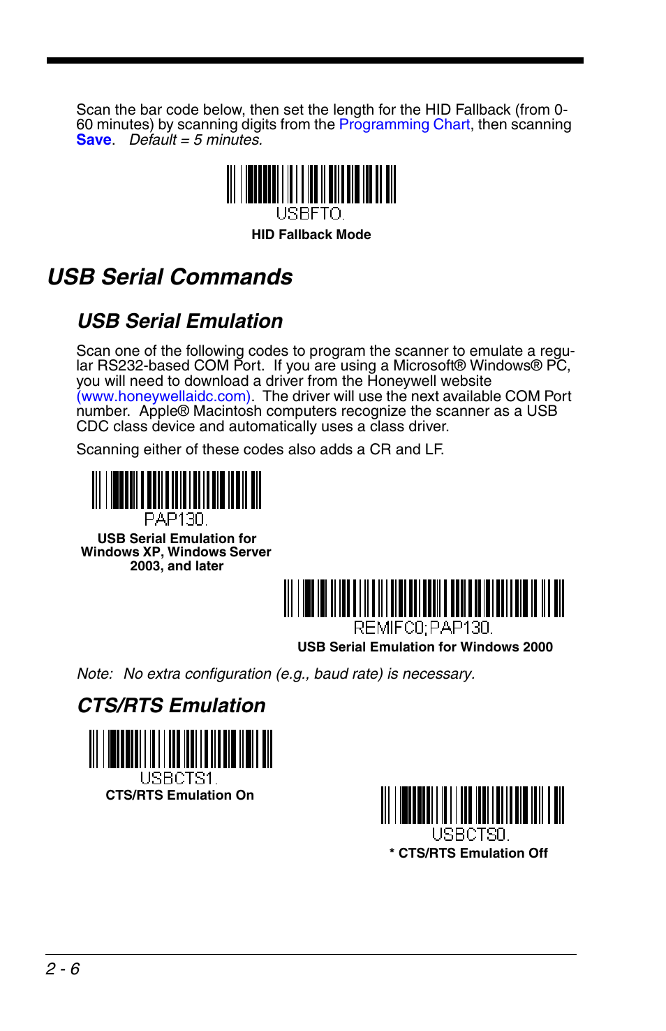 Usb serial commands, Usb serial emulation, Cts/rts emulation | Honeywell  VOYAGER 1200G User Manual | Page 28 / 238