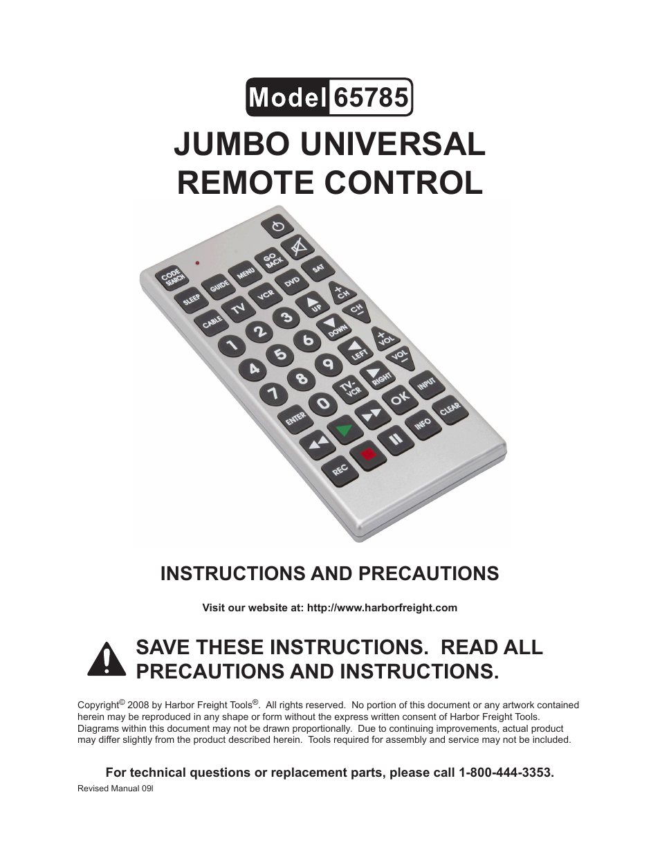 Harbor Freight Tools Jumbo Universal Remote Control 65785 User Manual | 13  pages