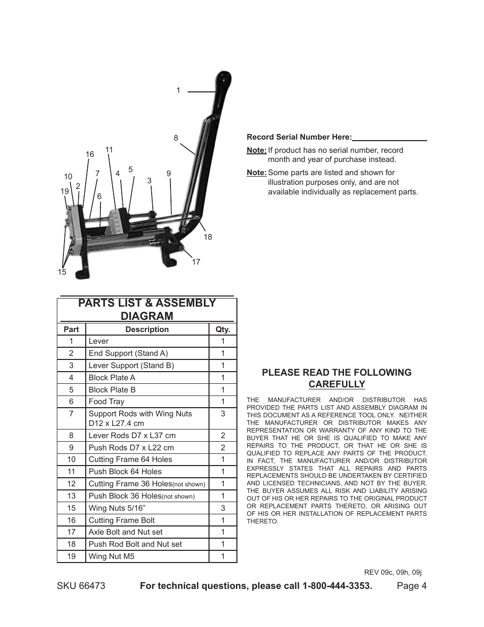 Parts list & assembly diagram | Harbor Freight Tools Heavy Duty French Fry  Cutter 66473 User Manual | Page 4 / 4 | Original mode