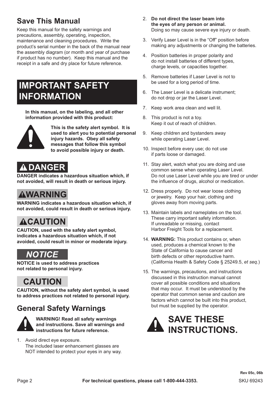 Important safety information, Save these instructions, Save this manual | Harbor  Freight Tools Pittsburgh Self-leveling Laser Level 69243 User Manual | Page  2 / 8