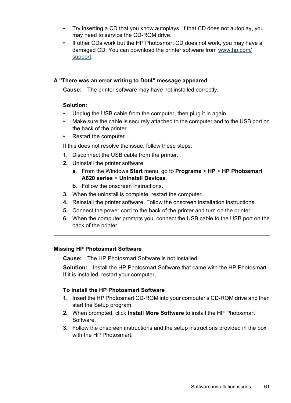Missing hp photosmart software | HP PhotoSmart A620 Series User Manual |  Page 62 / 88