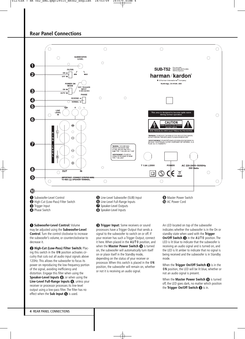 Rear panel connections, Sub-ts2 | Harman-Kardon HKTS 2 User Manual | / 16