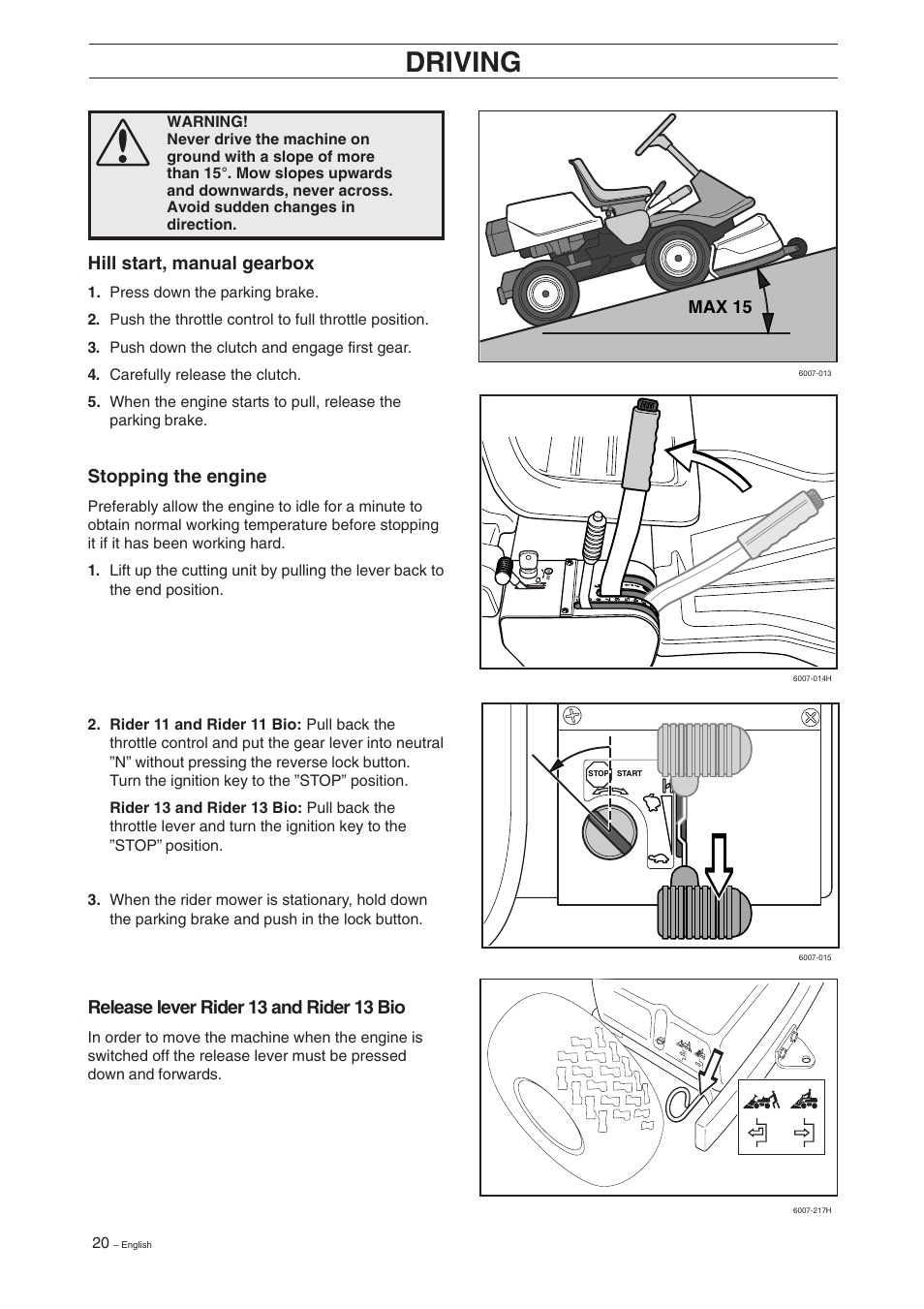 Driving, Release lever rider 13 and rider 13 bio, Hill start, manual  gearbox | Husqvarna Rider 11 User Manual | Page 22 / 52 | Original mode