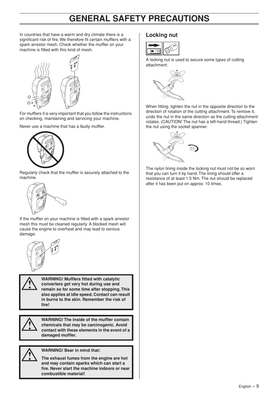 Locking nut, General safety precautions | Husqvarna 335RX-Series User  Manual | Page 9 / 40 | Original mode