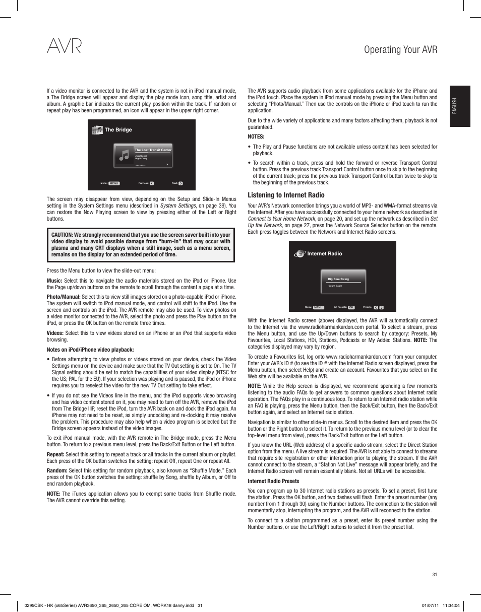 Operating your avr, Listening to internet radio | Harman-Kardon AVR 265  User Manual | Page 31 / 62 | Original mode