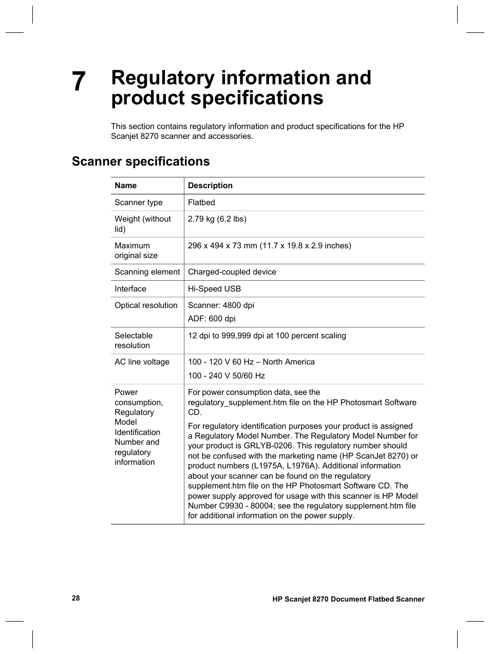 Regulatory information and product specifications, Scanner specifications | HP  8270 User Manual | Page 30 / 332