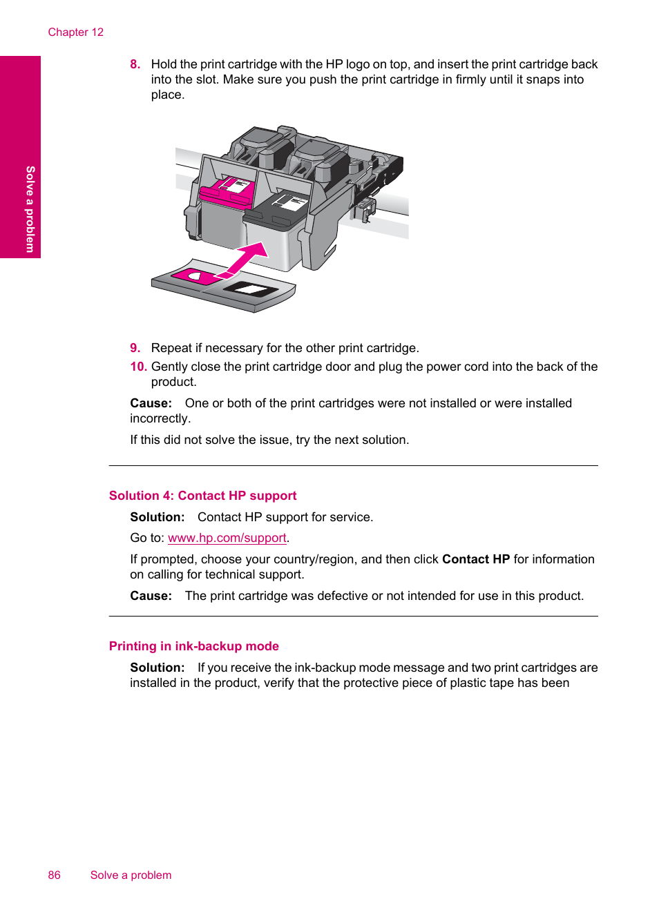 Printing in ink-backup mode, Solution 4: contact hp support | HP Photosmart  C4780 User Manual | Page 88 / 120 | Original mode