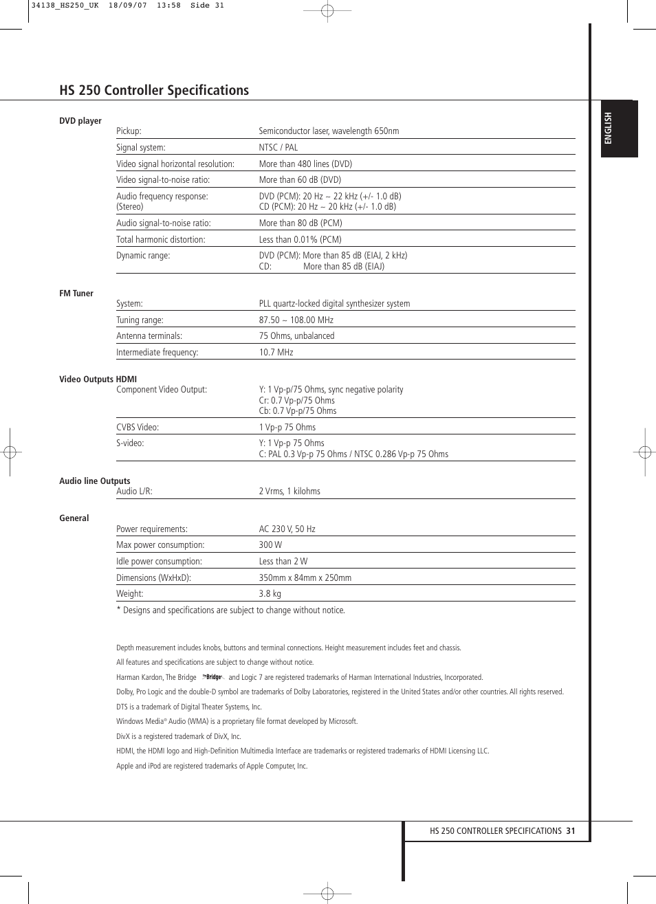 Hs 250 controller specifications | Harman-Kardon HS 250 User Manual | Page  31 / 32