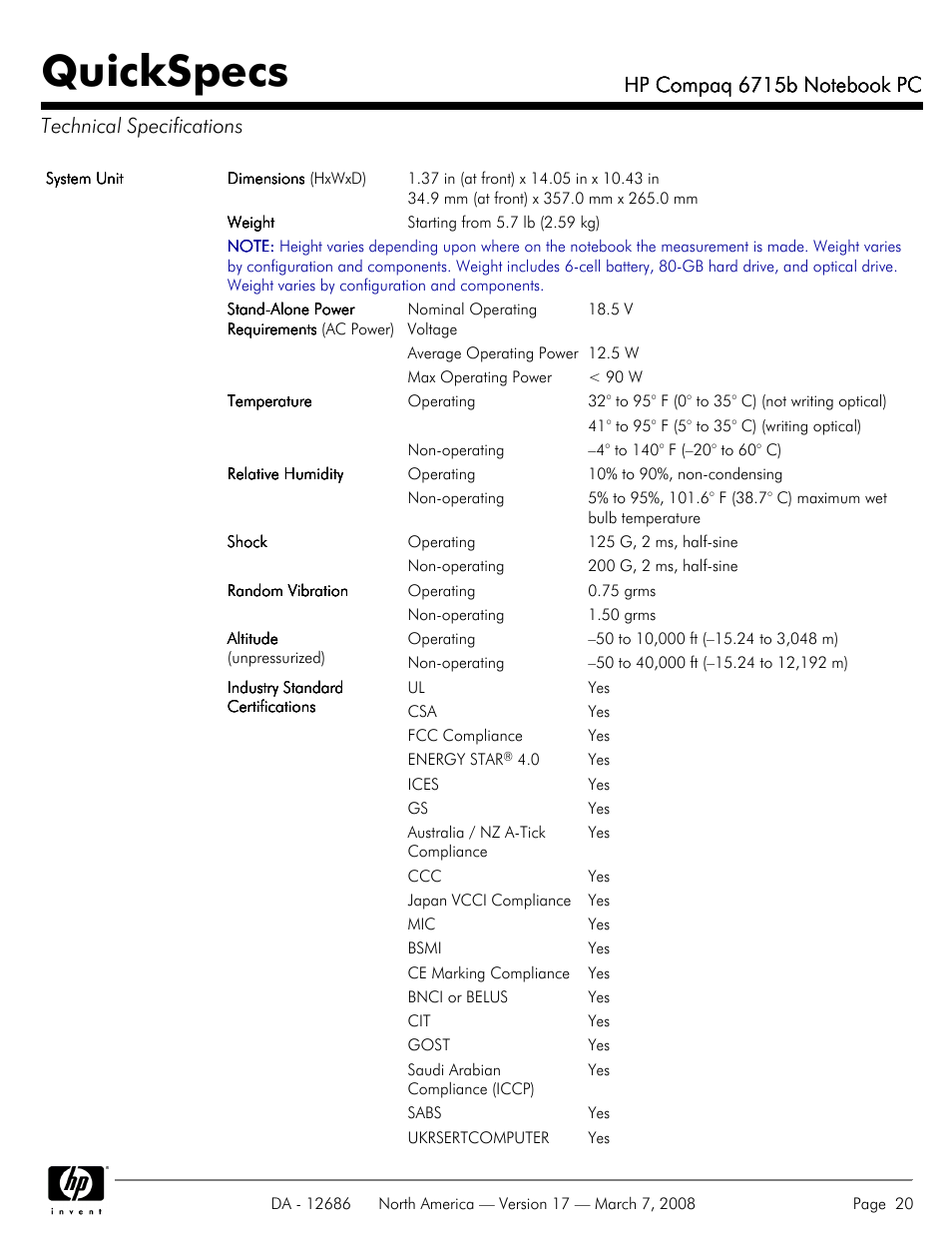 Technical specifications, Quickspecs | HP 6715B User Manual | Page 20 / 42