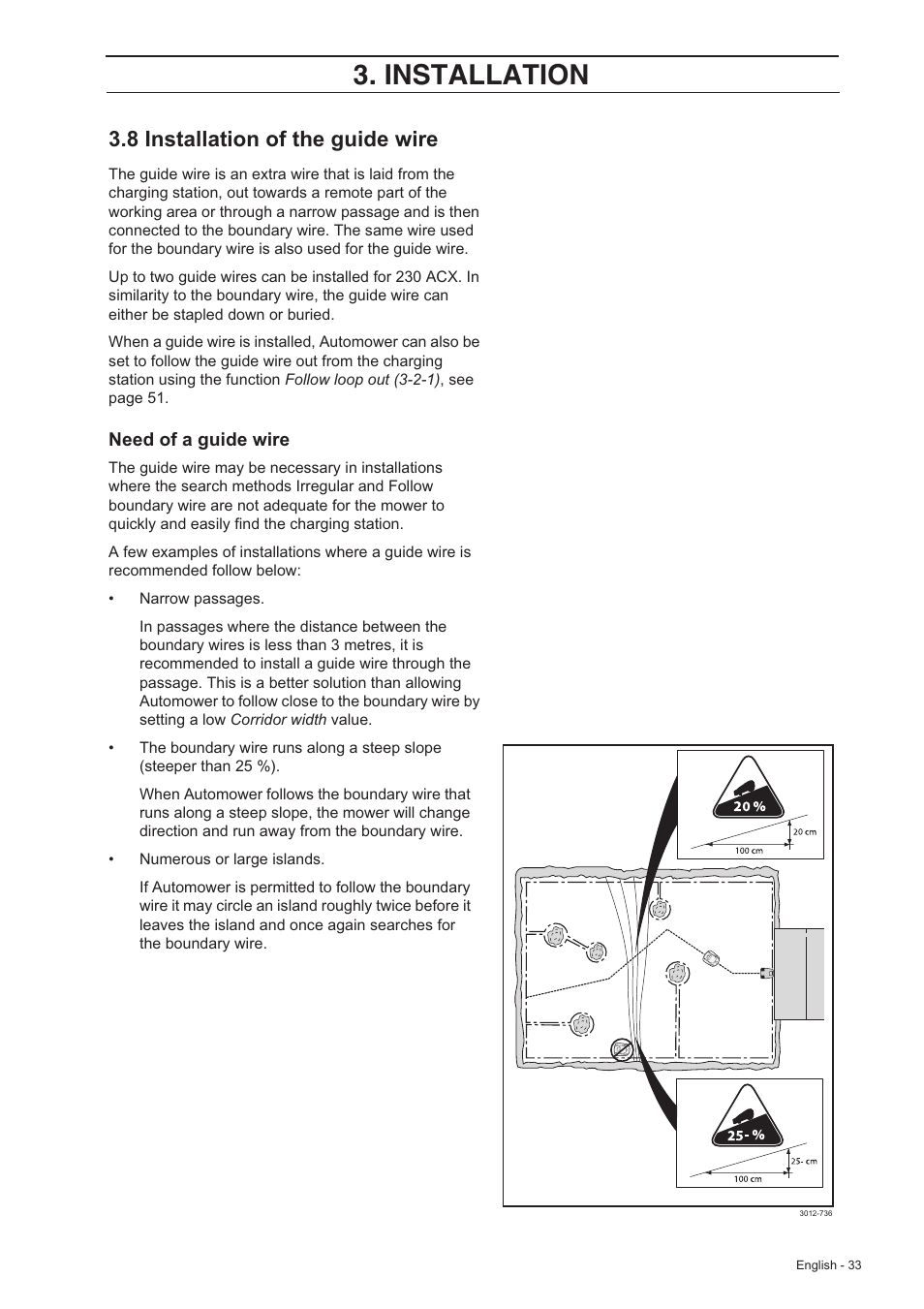 Installation, 8 installation of the guide wire | Husqvarna 220 AC User  Manual | Page 32 / 82