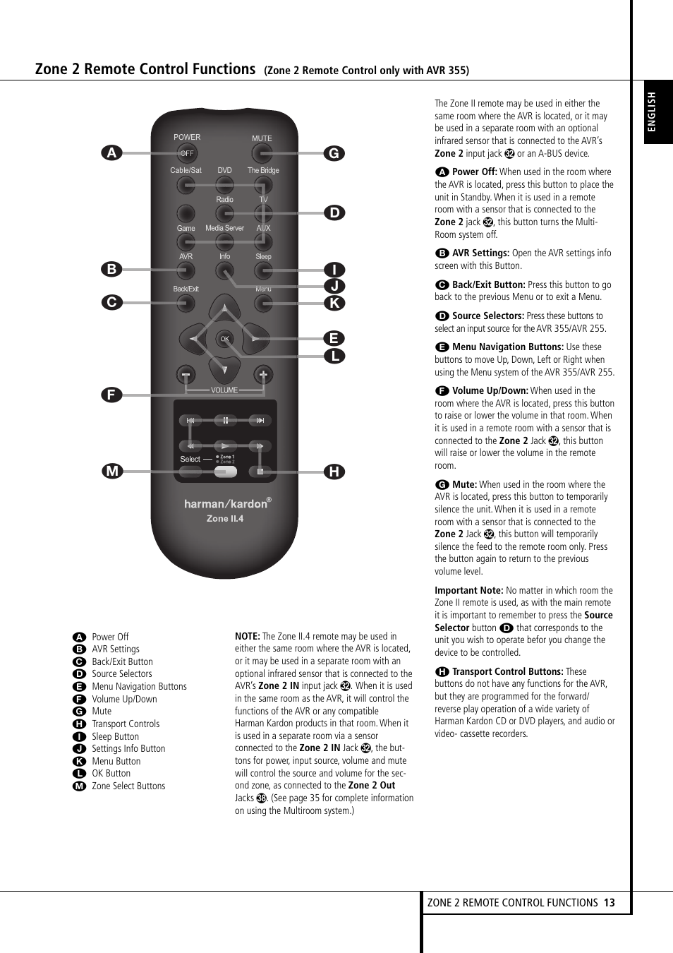 Zone 2 remote control functions | Harman-Kardon AVR 355 User Manual | Page  13 / 58