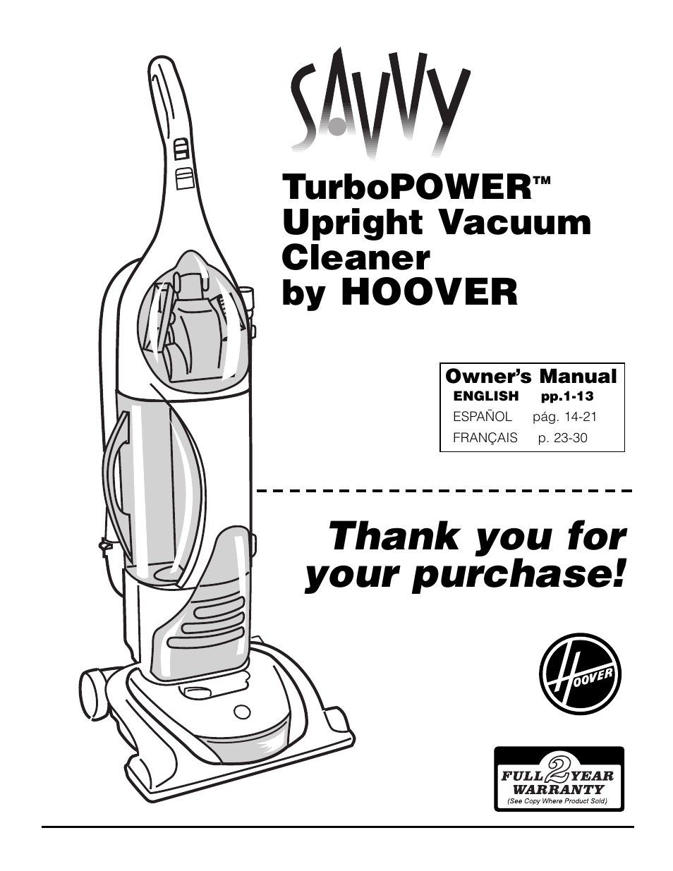 Hoover SAVVY Turbo POWER Upright Vacuum Cleaner User Manual | 13 pages