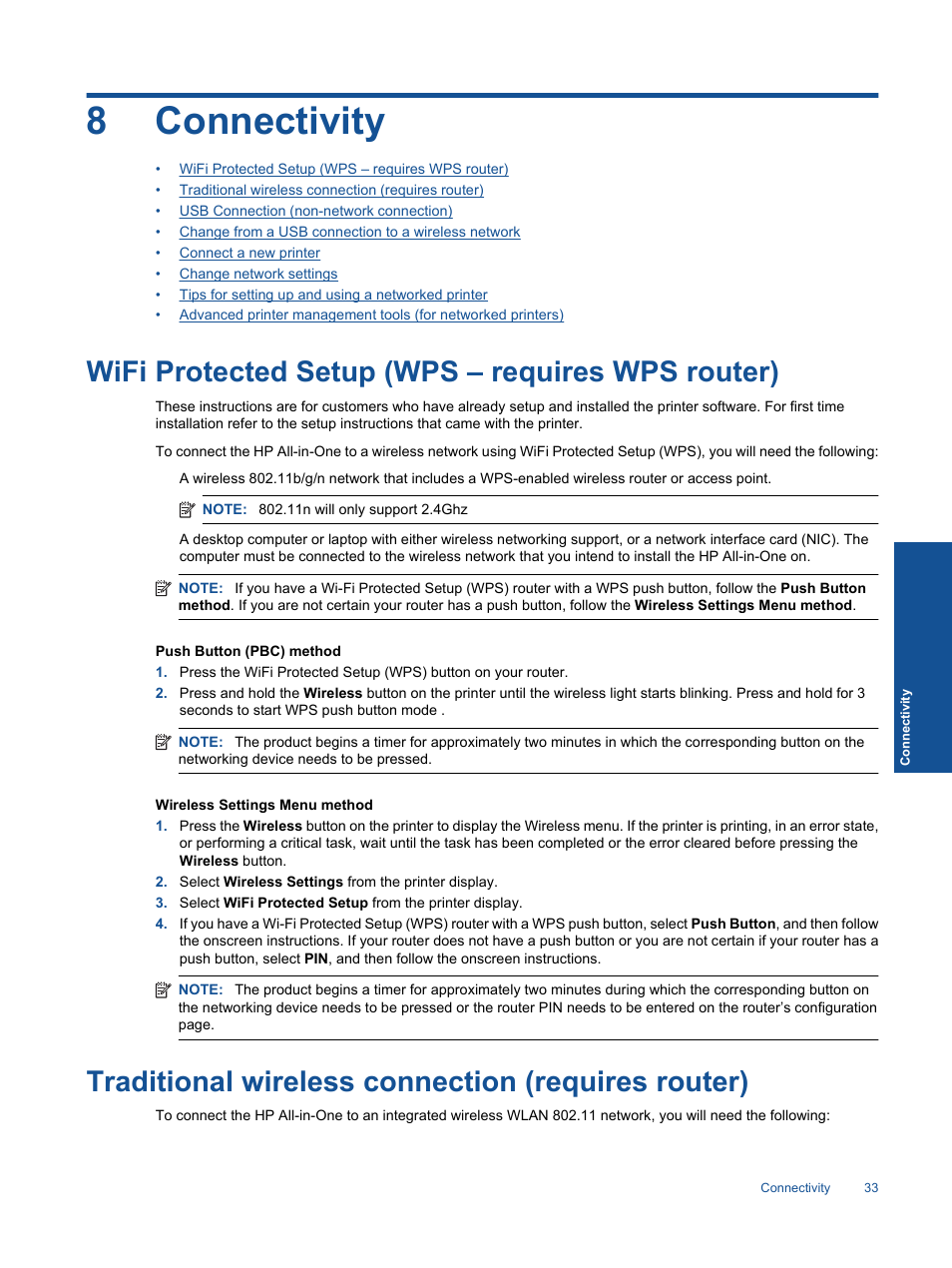 Connectivity, Wifi protected setup (wps – requires wps router), Traditional  wireless connection (requires router) | HP 3070 B611 User Manual | Page 35  / 60