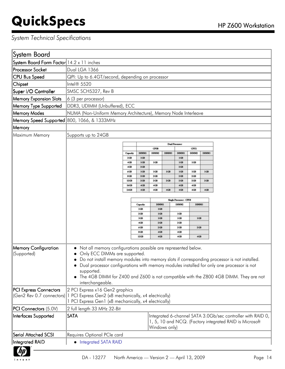 System technical specifications, Quickspecs, System board | Hood  WORKSTATION HP Z600 User Manual | Page 14 / 61 | Original mode